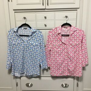 Bundle 2 J McLaughlin 3/4 Sleeve Button Down Tops Pink Blue Geometric Pattern L